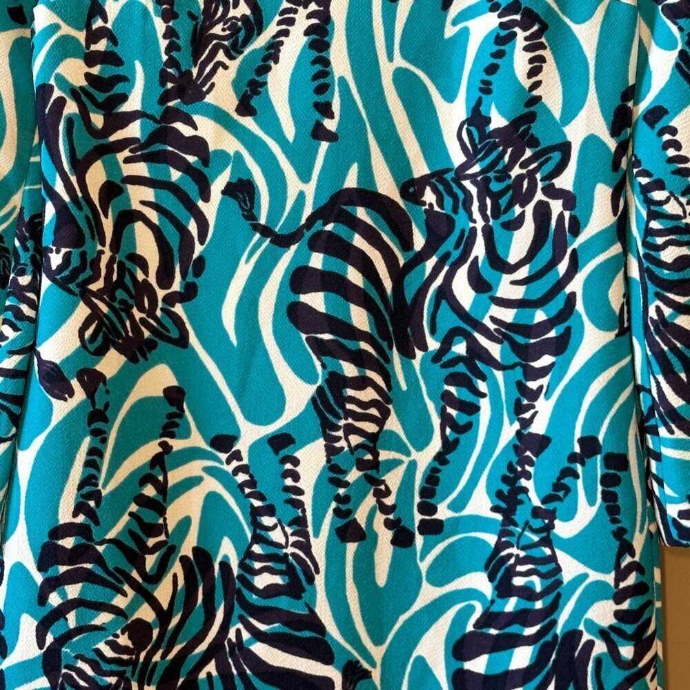Women's 2 Lilly Pulitzer Devina Tunic Zebra Dress Teal White Funky Print - Picture 7 of 11